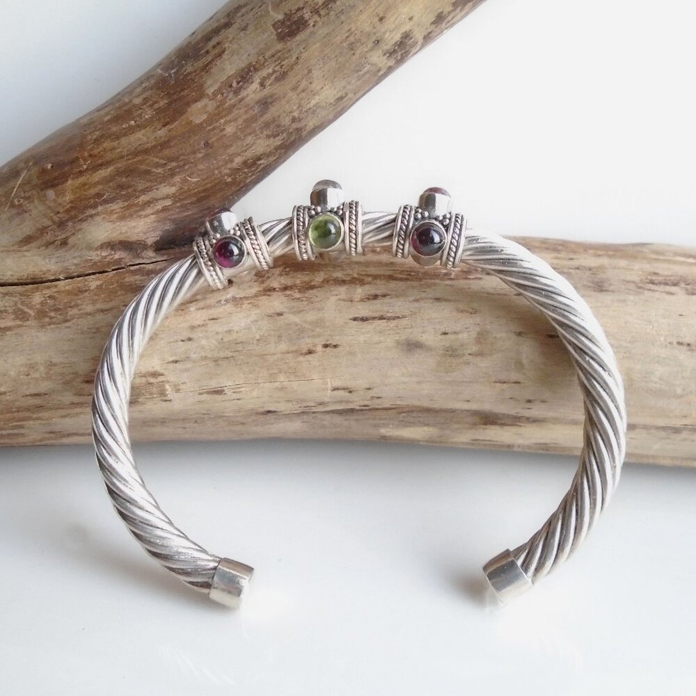 925 Sterling Silver Multiple Gemstones Twisted Cable Cuff Bracelet
